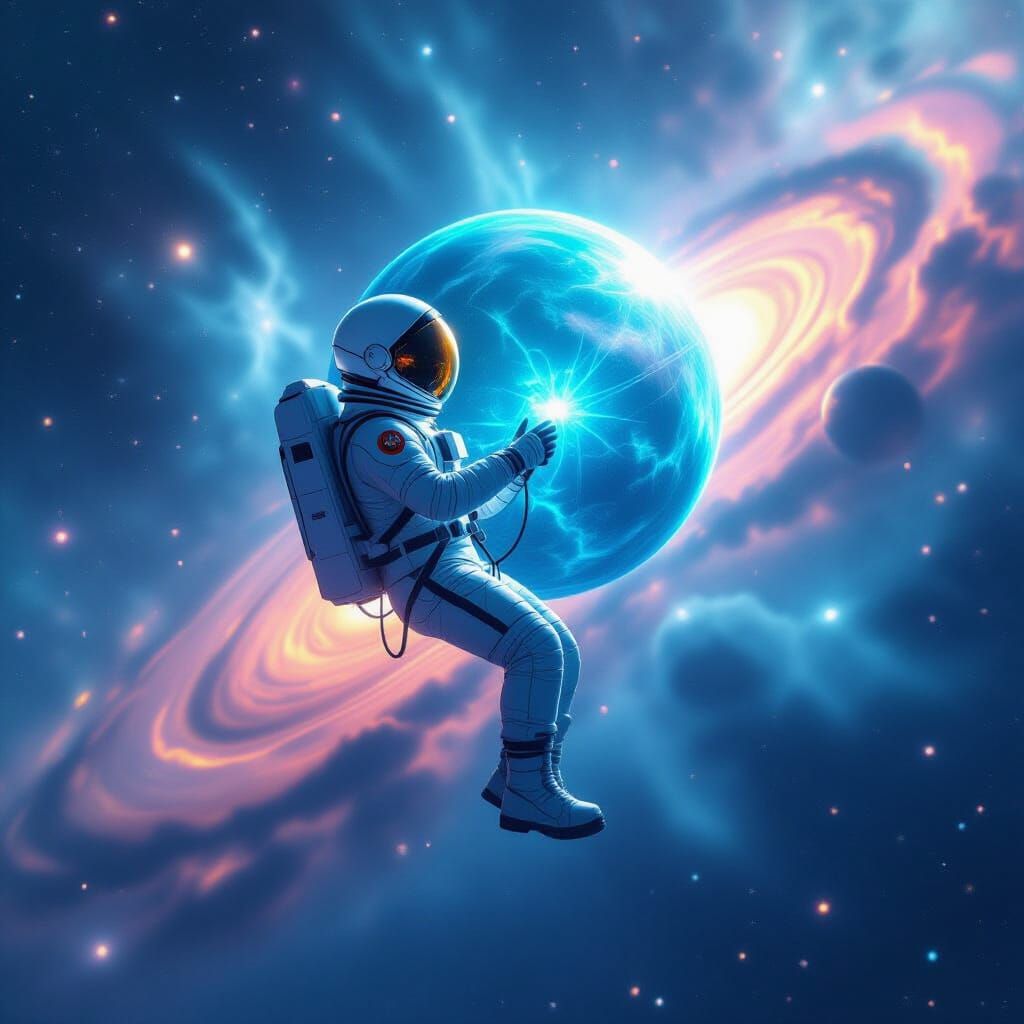 A lone astronaut adrift in the vastness of space, tethered to a small, glowing orb that pulses with soft ...  by @Curiously Creative 
