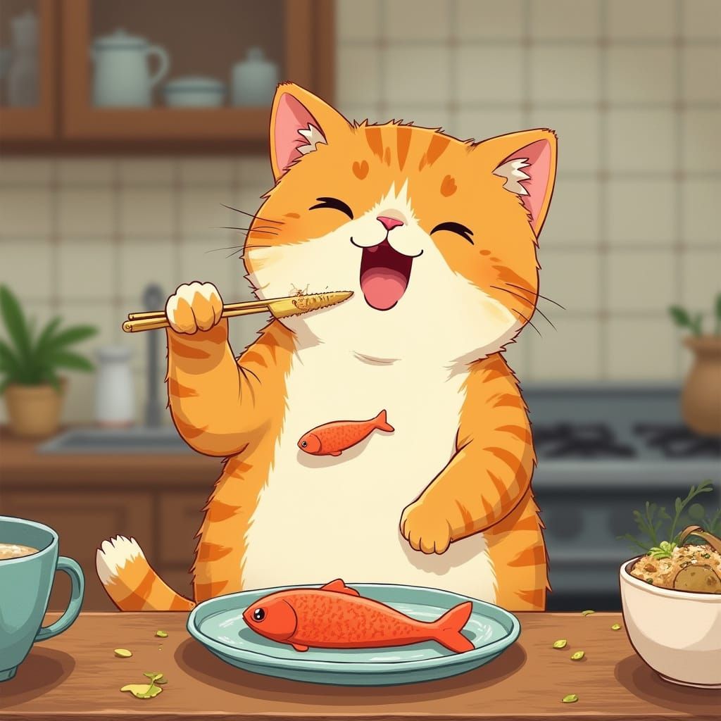 Whimsical Feline in a Vibrant Kitchen