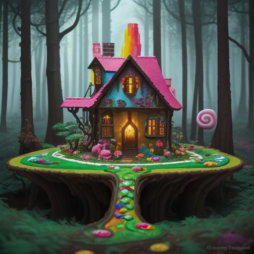 House made from candy in the forest vibrant colors Candyland...