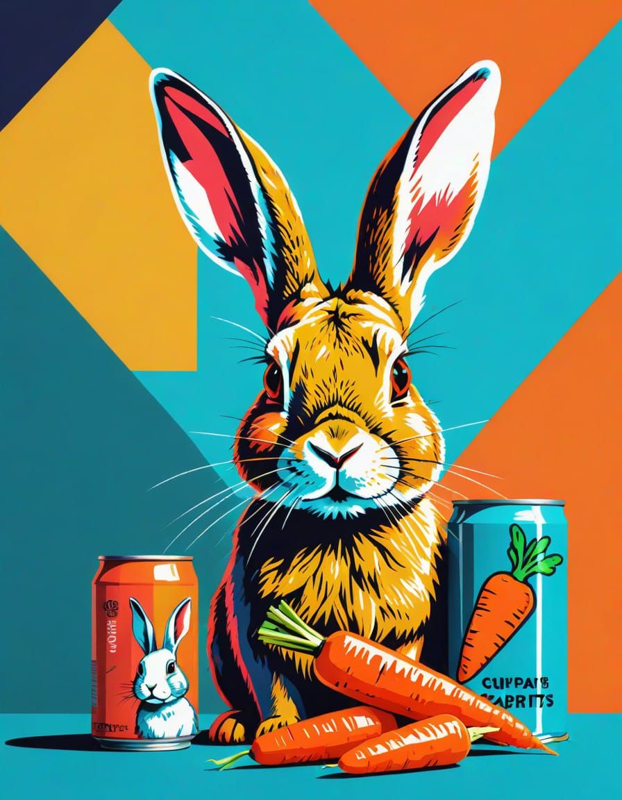 Pop art picture of a rabbit next to cans of carrot juice.  by @Autumn