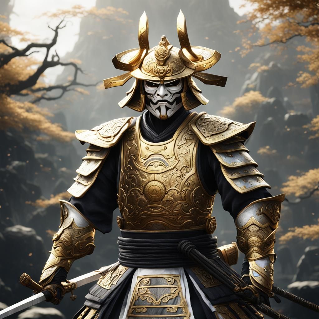 full mask gold and white samurai