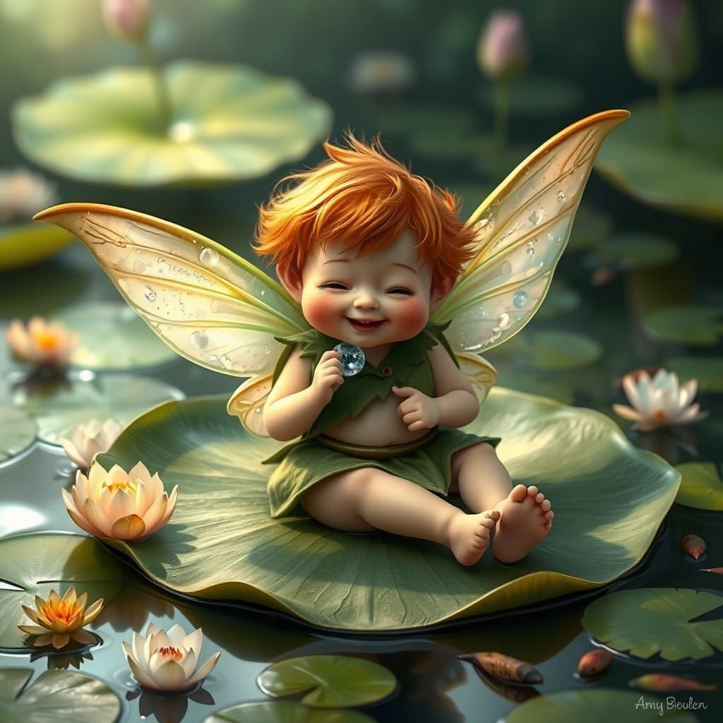 An adorable chubby  ginger boy fairy sitting on a lily pad smiling  by @whitneyy lutz