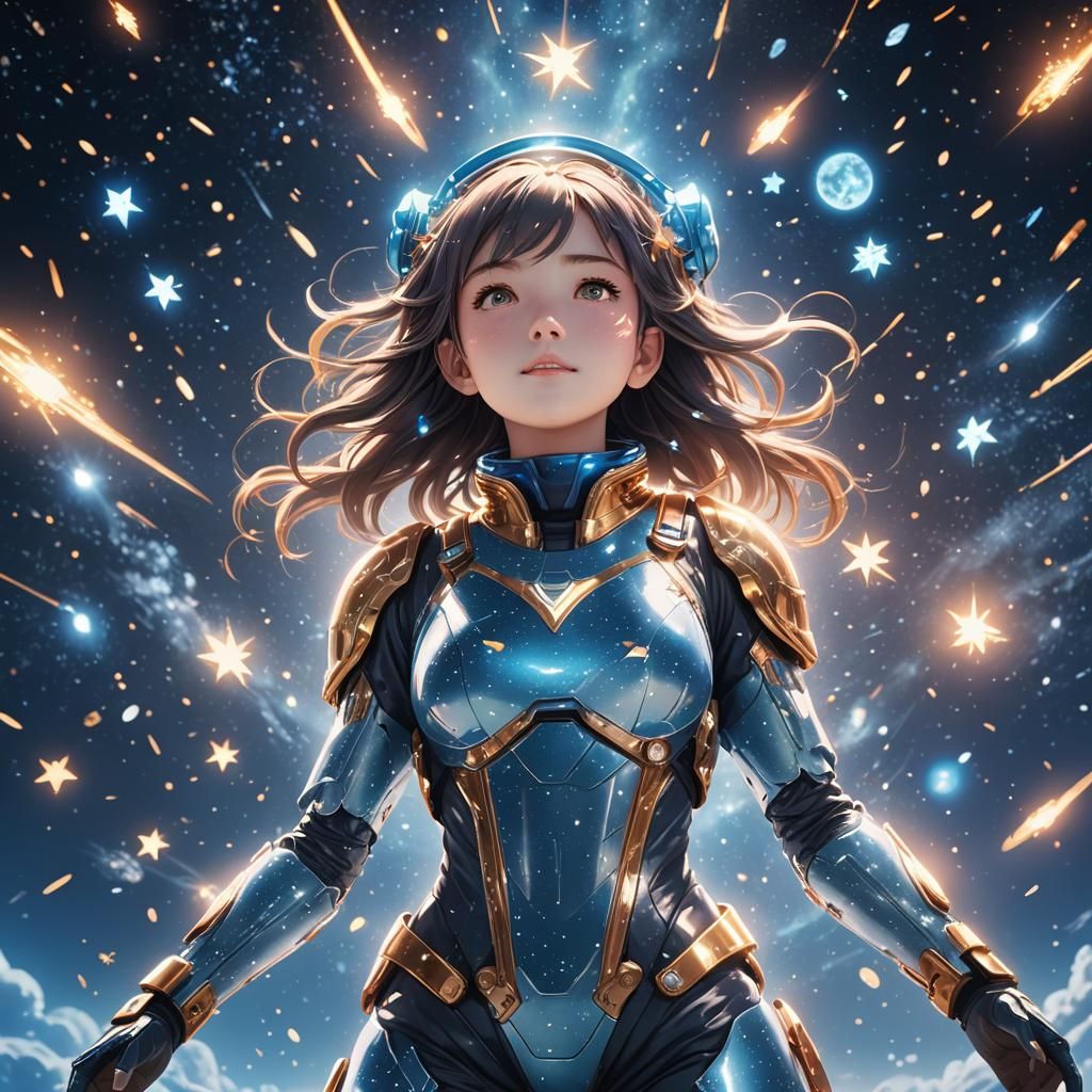Dreamy Anime Girl Floating Among Shining Stars