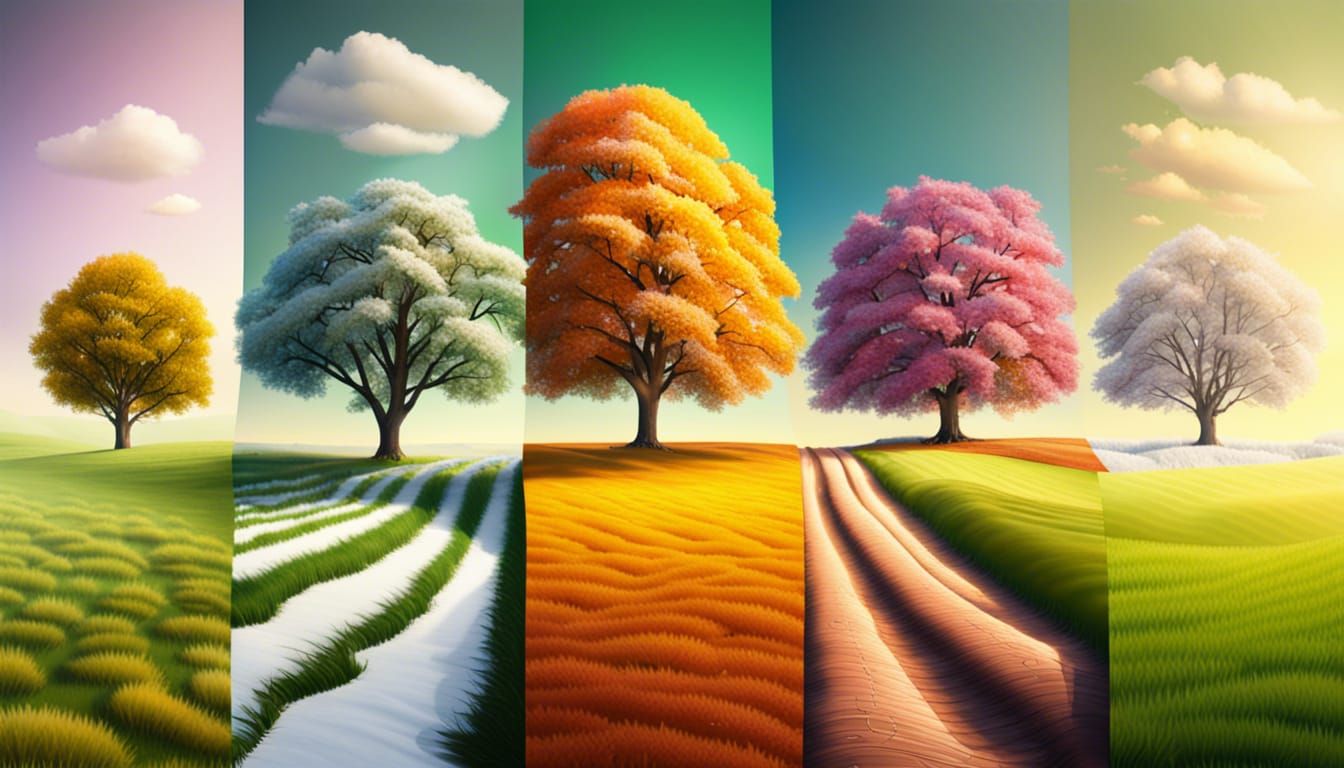 four seasons trees and meadows, winter spring summer fall, hyperdetailed photorealistic, 16k resolution, ...  by @Shakaama