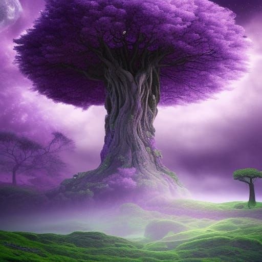 faery realm, purple sky, violet moon, spiral trees