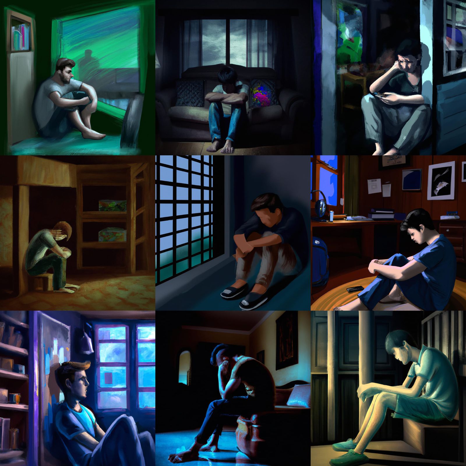 a young man man sitting depressed and thinking, lonely atmosphere, closed room, low lighting, alone, focus men, photorealisticrealistic, you... - AI Generated Artwork - NightCafe Creator a young man man sitting depressed and thinking, lonely atmosphere, closed room, low lighting, alone, focus men, photorealisticrealistic, you... - AI Generated Artwork - NightCafe Creator