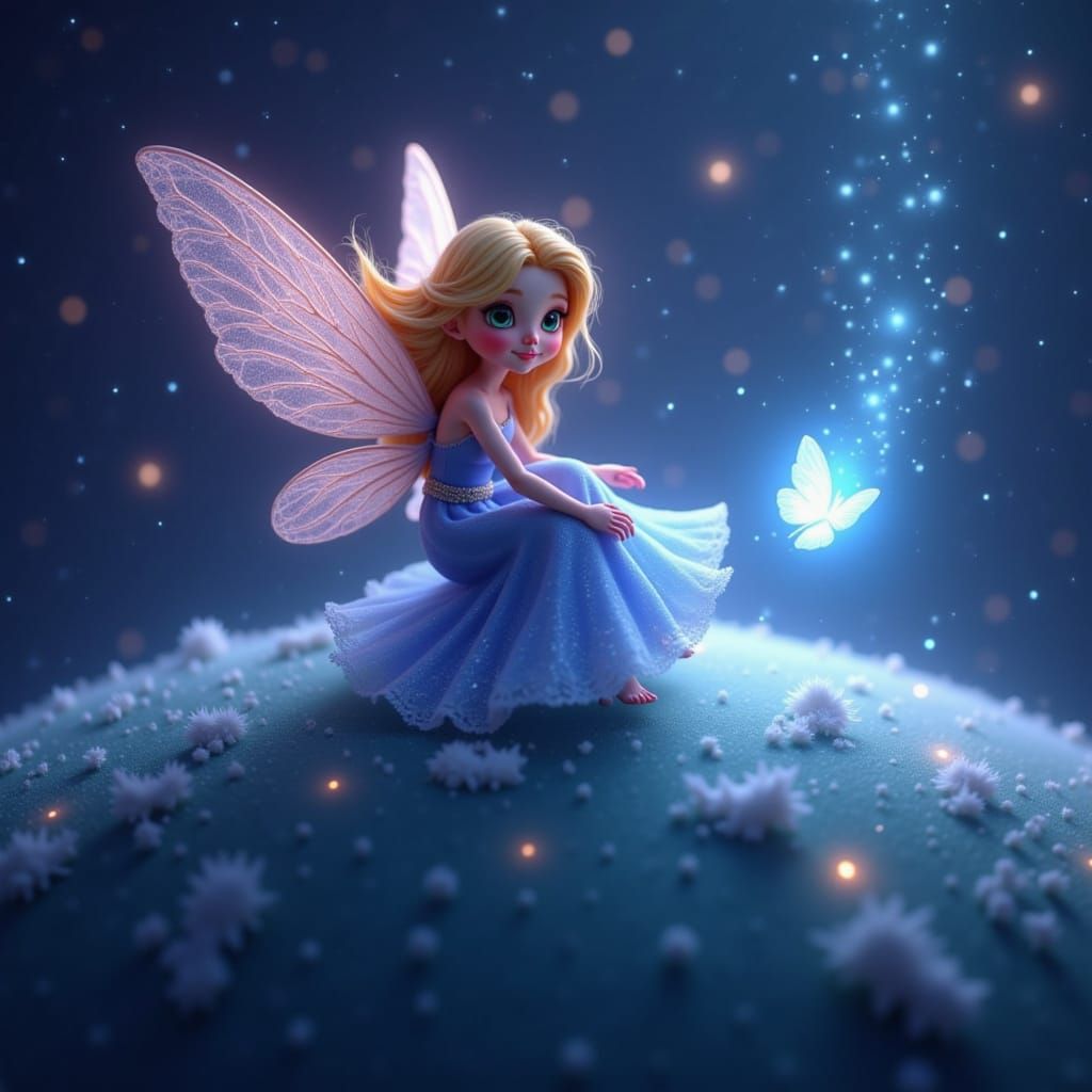 <lora:Lily Fairy Character:1.0>A celestial fairy floating above the earth, her wings glittering like galaxies, trailing stardust behind her ...
