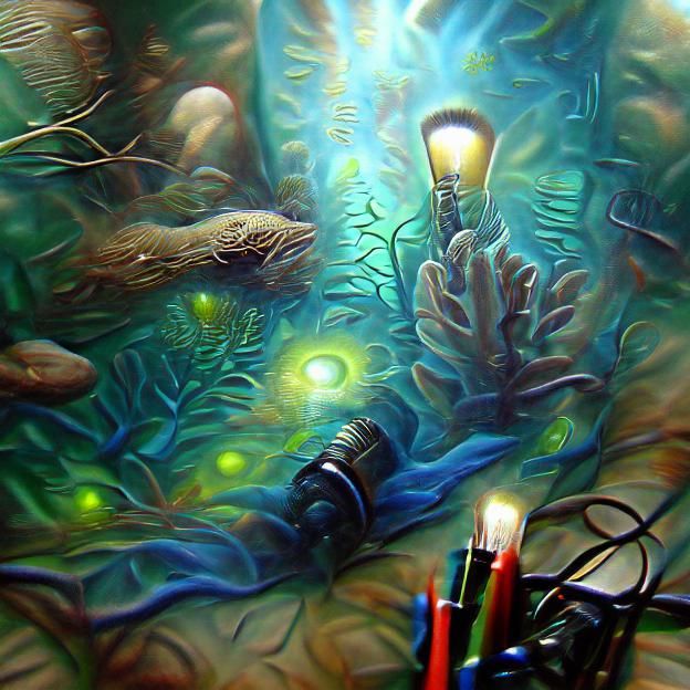 Deep underwater  detailed painting flickering light