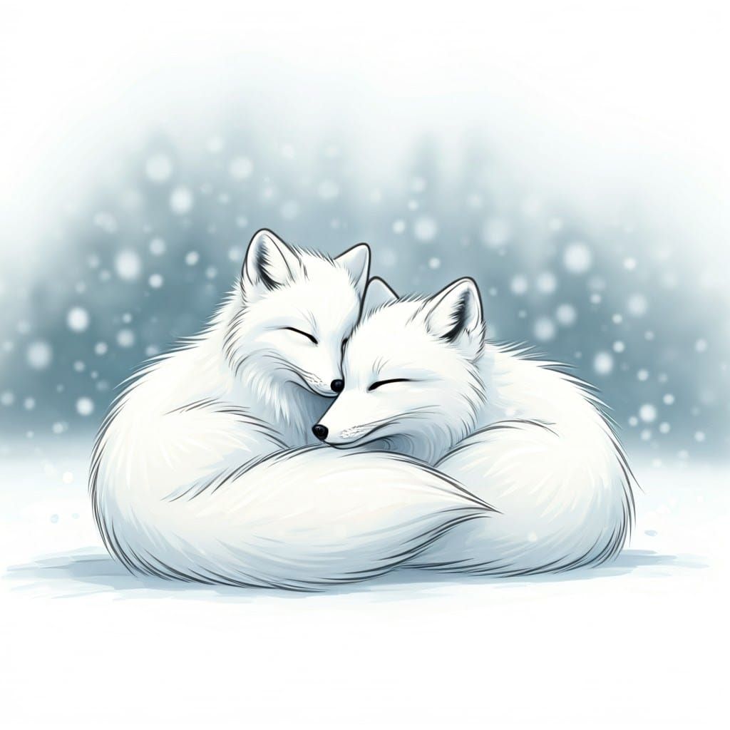Arctic Foxes Embrace in Winter Snowfall, Pencil Sketch