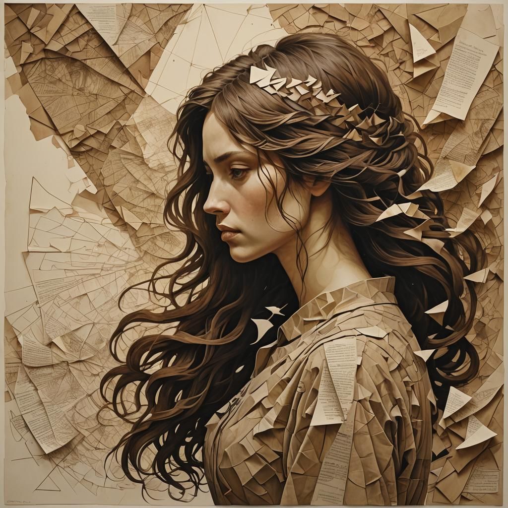 Young Woman Contemplating Turbulent Whirlwind of Shattered P...