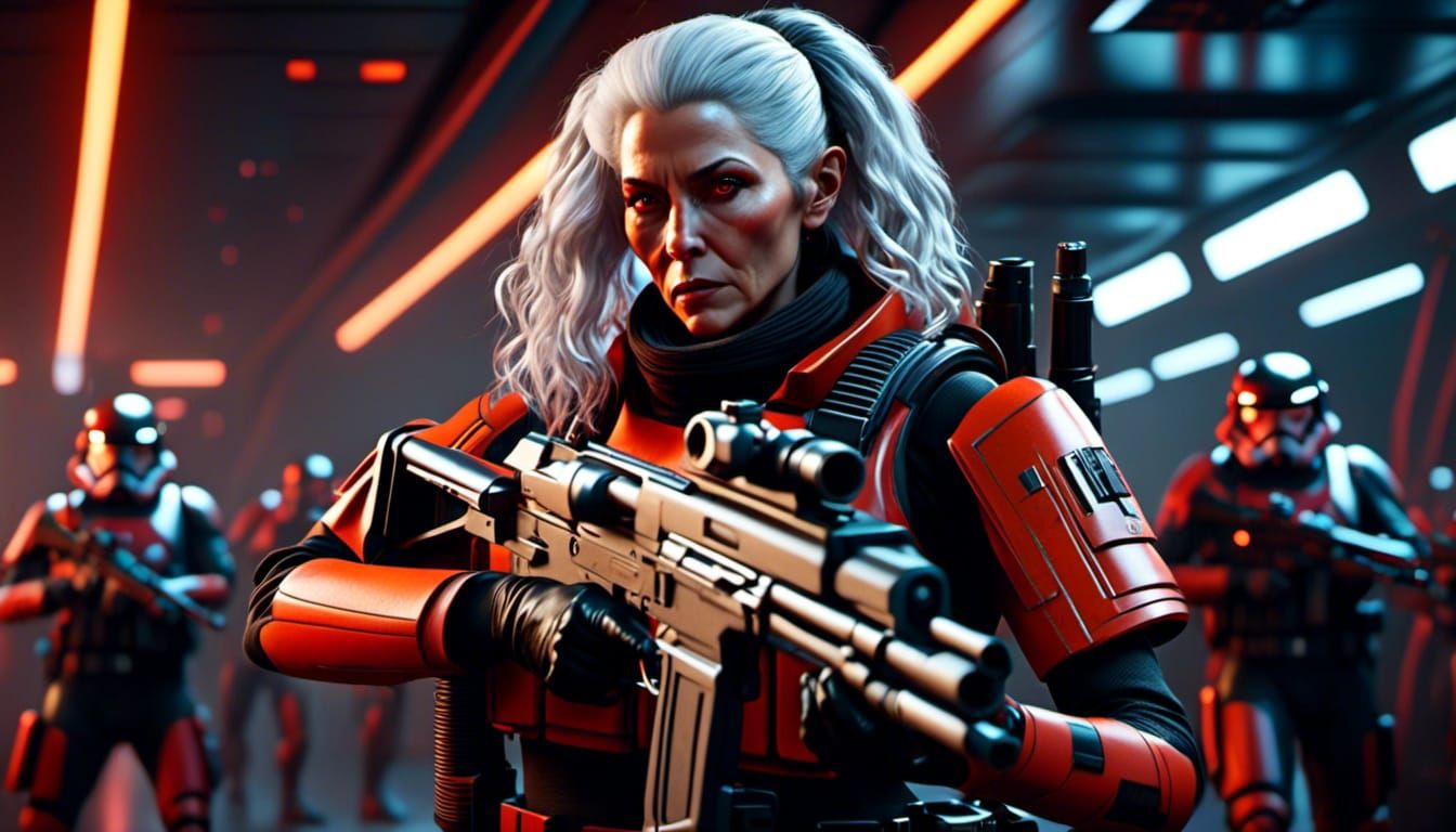 <lora:Sci-Fi Fusion:1.0> A chubby alien female with feline features, long gray hair, bright orange eyes, white skin, wearing a black and red...