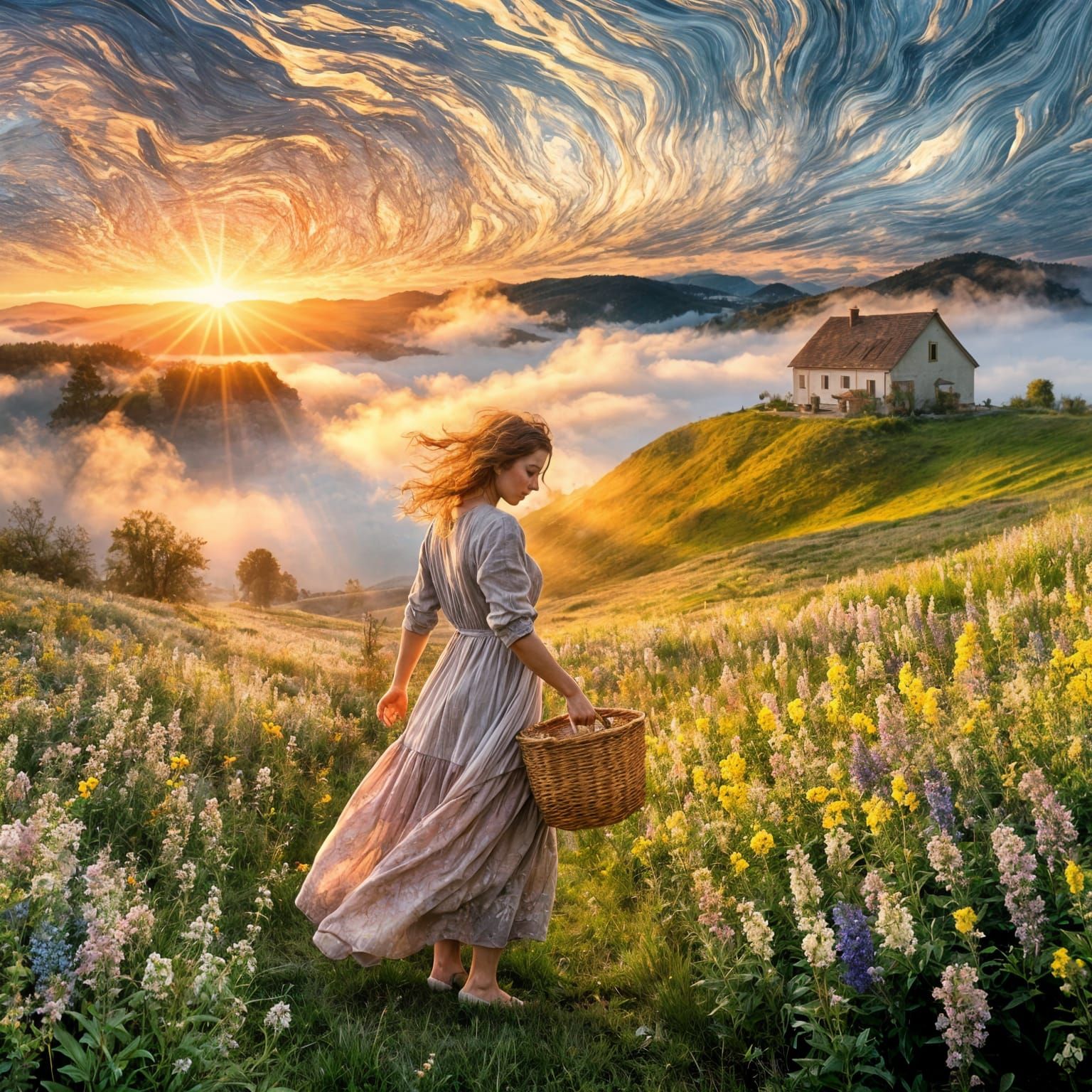 A woman vibrant field teeming with blooming of spring wildflowers.   by @Arturo