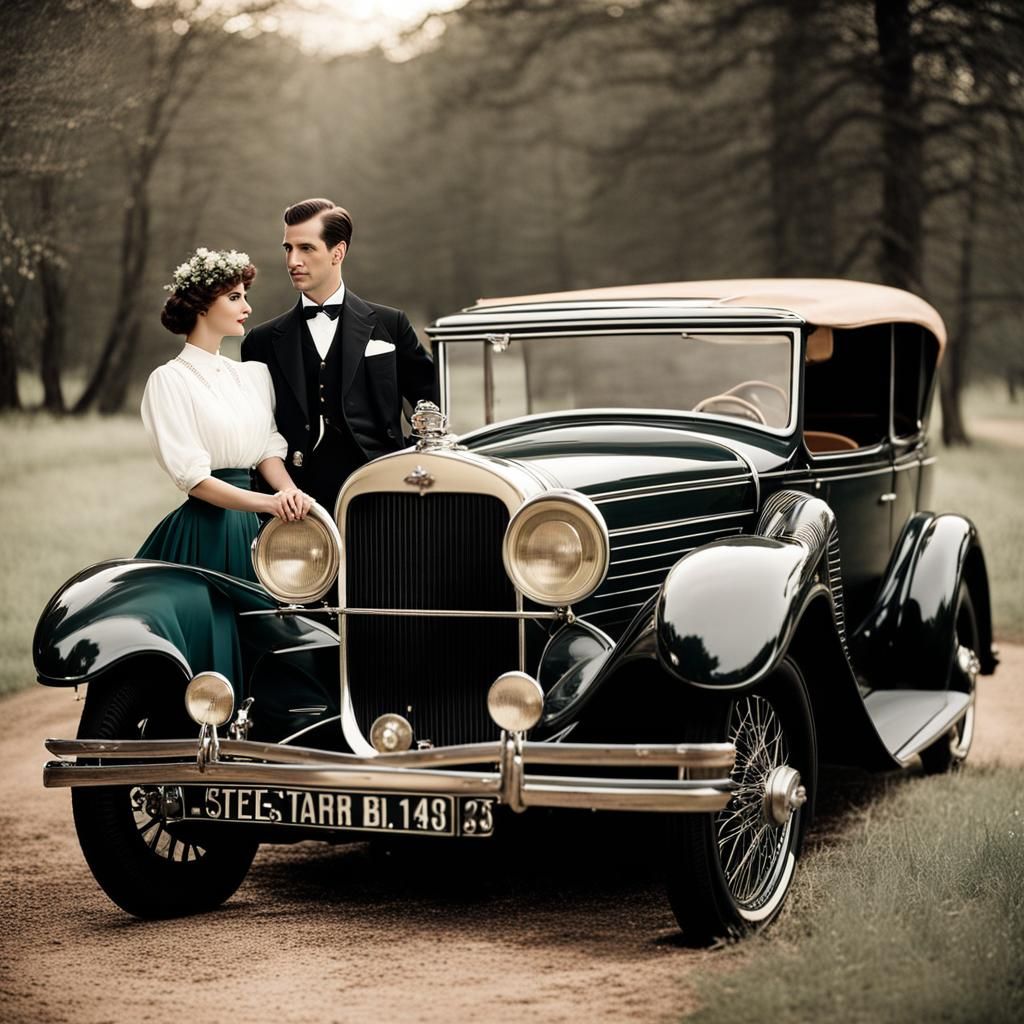 1900 couple posing in front of an old car /  white borders  soft focus, nostalgic feel, and iconic white ...  by @curiouscat 