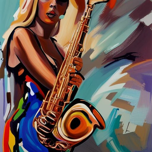 Candy dulfer, arty, playing a saxophone AI Generated Artwork NightCafe Creator