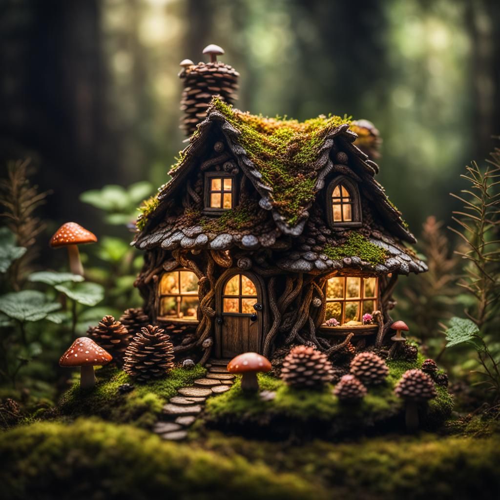 Pinecone fairy cottage in a forest  by @GeekWorldMinion