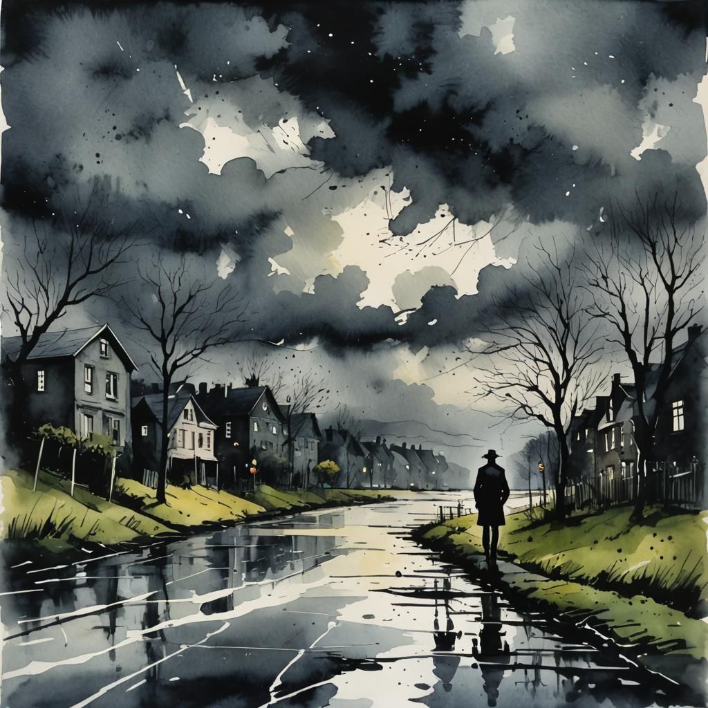 Comic Noir Expressionism. Stormy day. Watercolour. Ink splash. Magical. Moody  by @Ursula