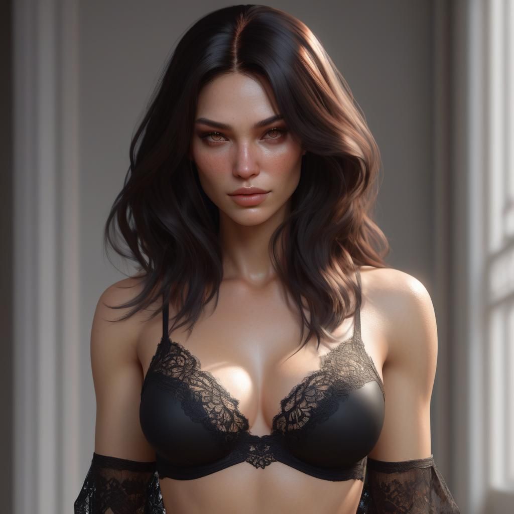 Beauty Woman Bare Chest Black Underwear Lace Head And Shoulders Portrait 8k Resolution 2265