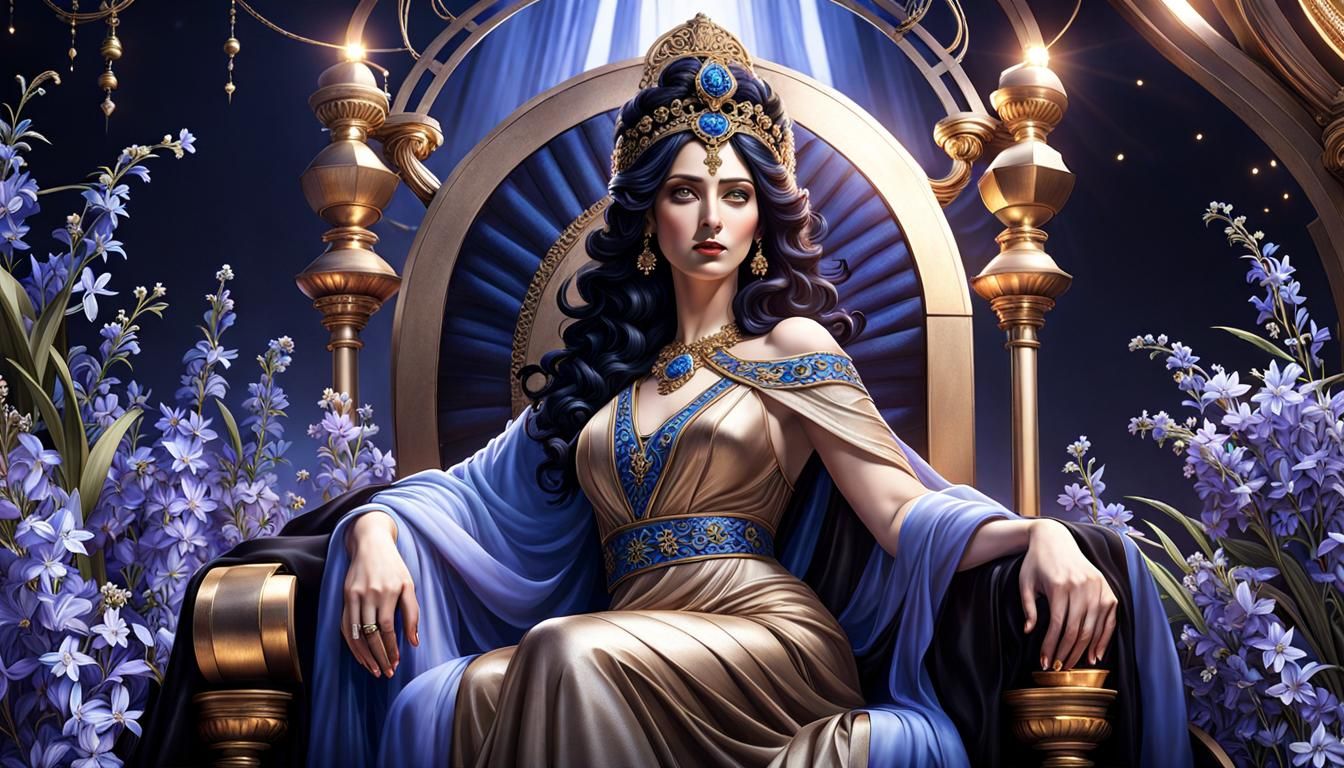 A stocky and curvy Jewish woman with a long face and angular features, long curly black hair, black eyes, pale skin, and aquiline nose weari...