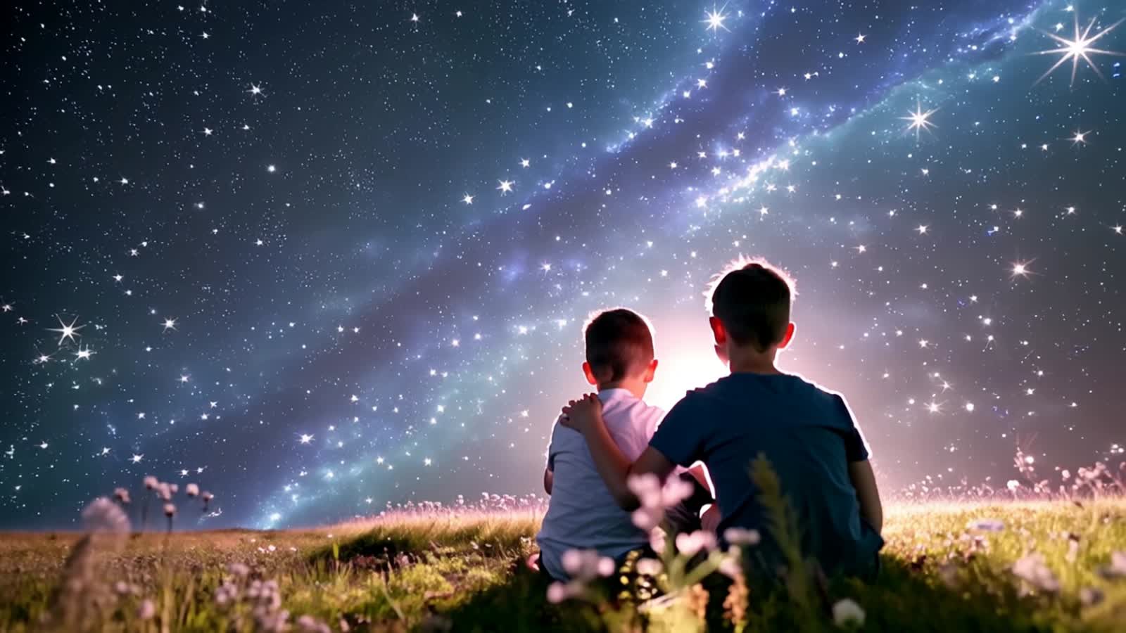 Two young boys sitting in a grassy field at night, under a glowing, magical starry sky.
One boy is sitting upright with ...