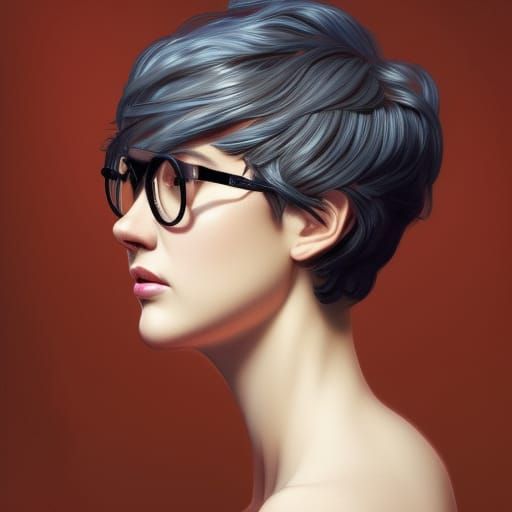 woman with short hair and glasses
