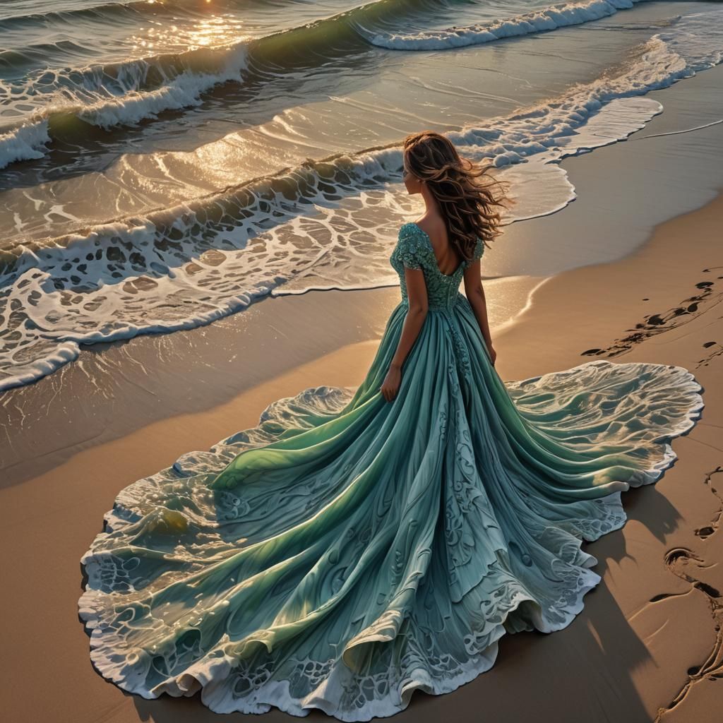 Photorealistic Sunset Beach Panorama with Lady in Swirling D...