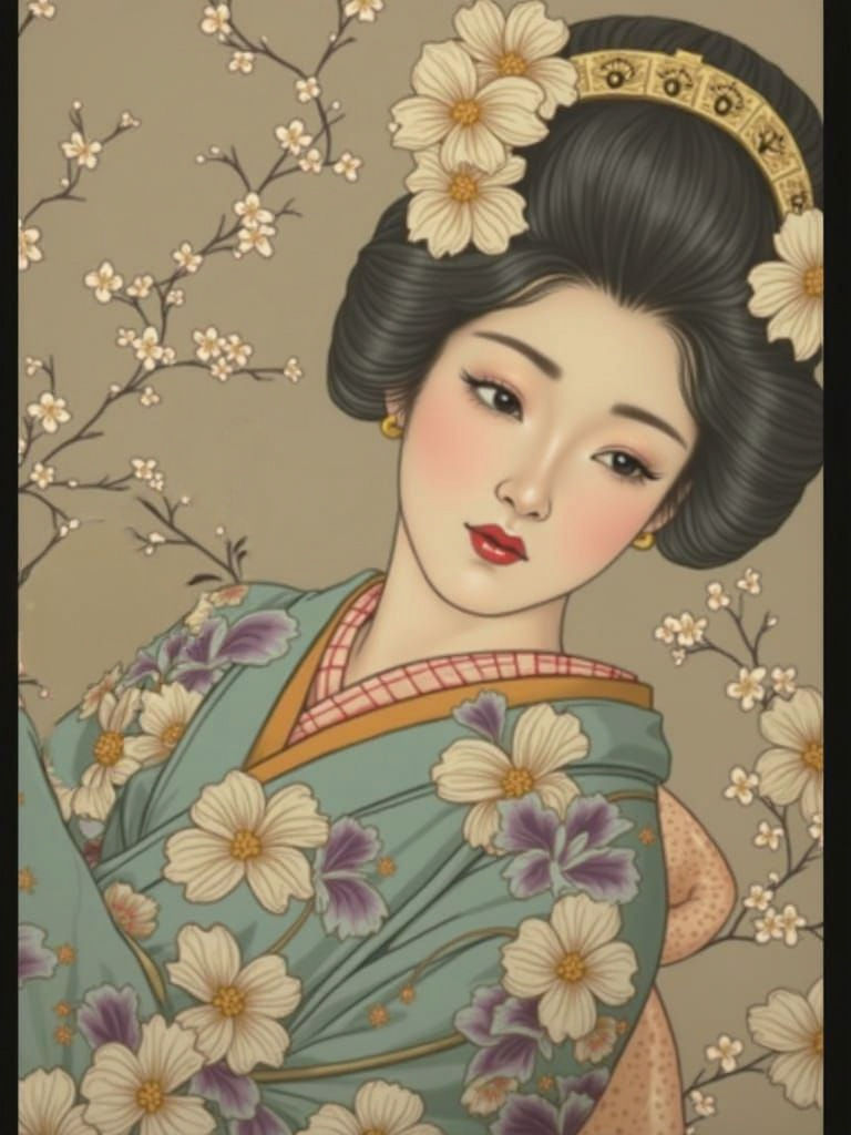 Japanese Woman in Dreamlike Cherry Blossom Scene with Intric...