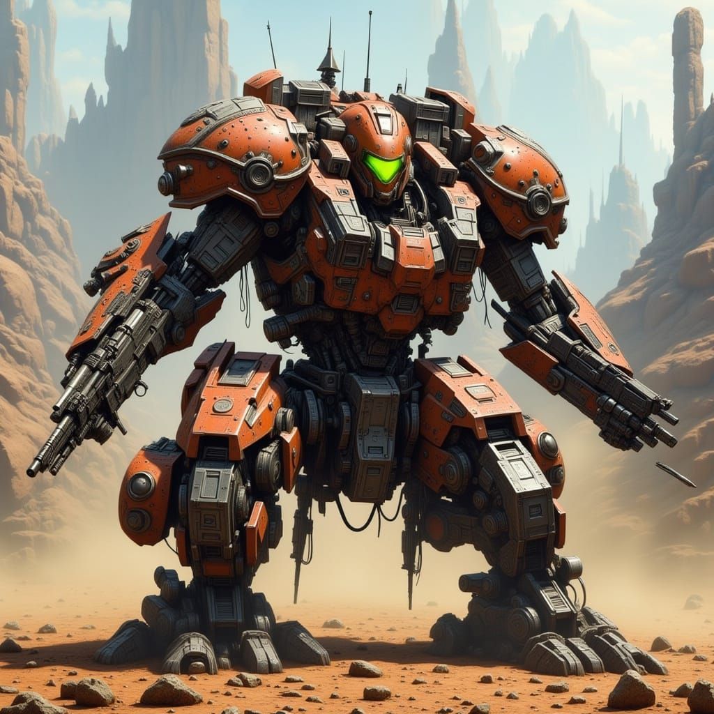 <lora:FluxMechaGraalV1:1.0> <lora:Warrior:1.0> "mecha warrior in combat/war background"