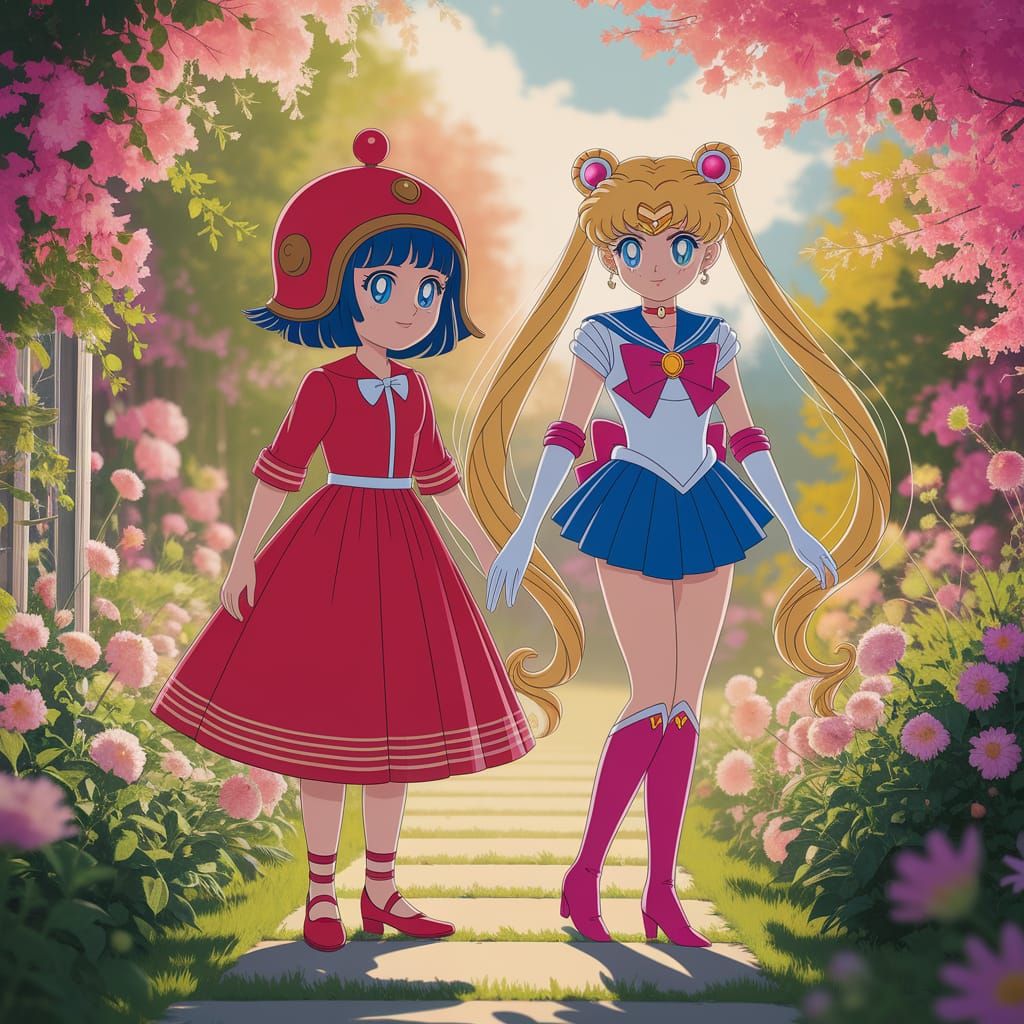 Sailor Moon and Arale in Vibrant Garden