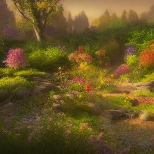 rural garden in golden hour
