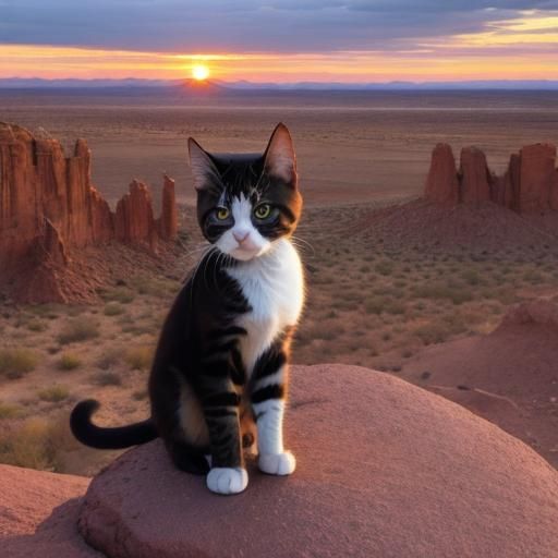 A Grumpy Kitten sitting on a rock, stunning desert sunset. E...
