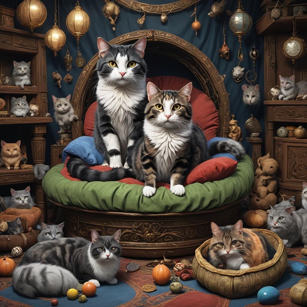 A cat bed holds three cats and a possum stands  in the middl...