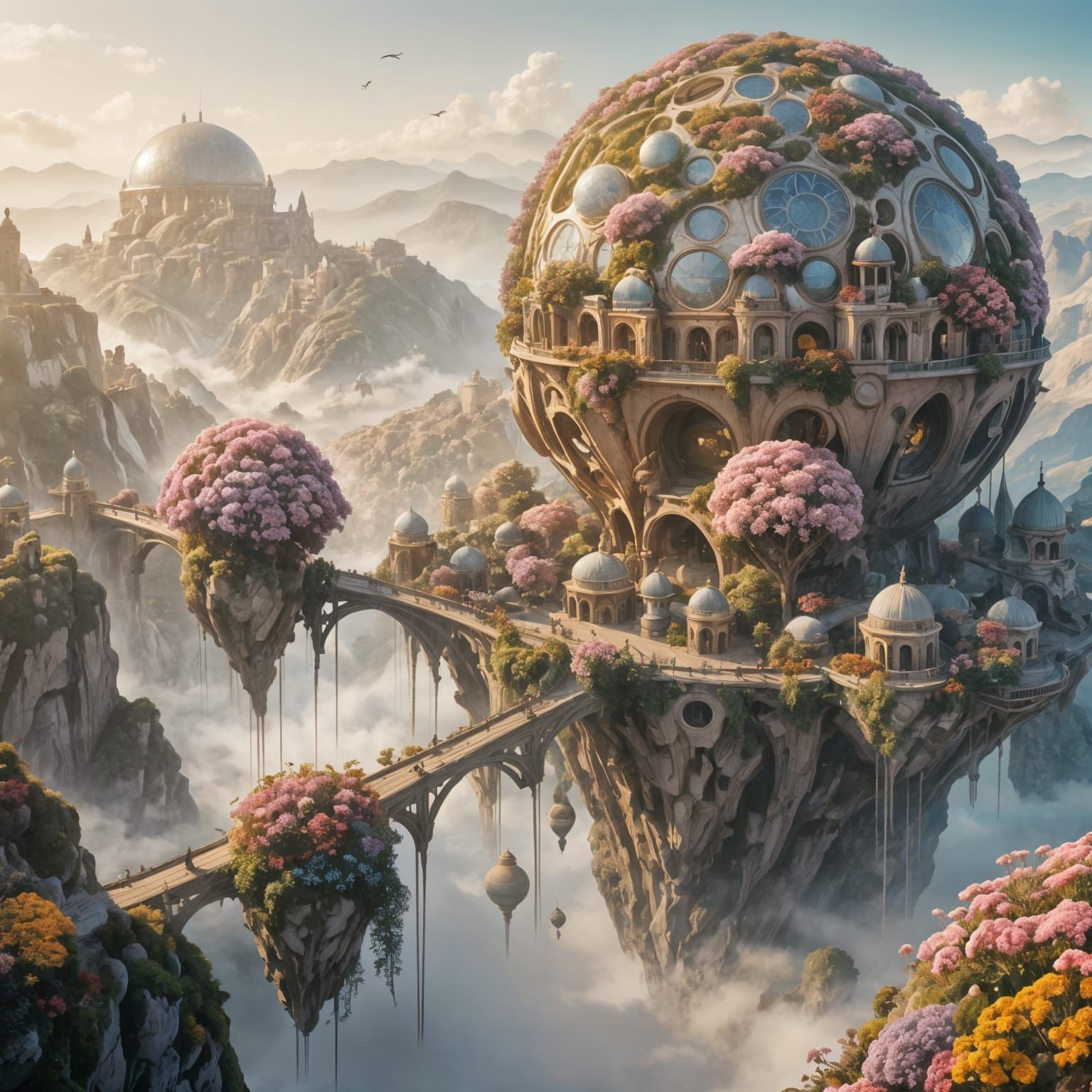Surreal Floral Cityscape in Dreamlike Setting