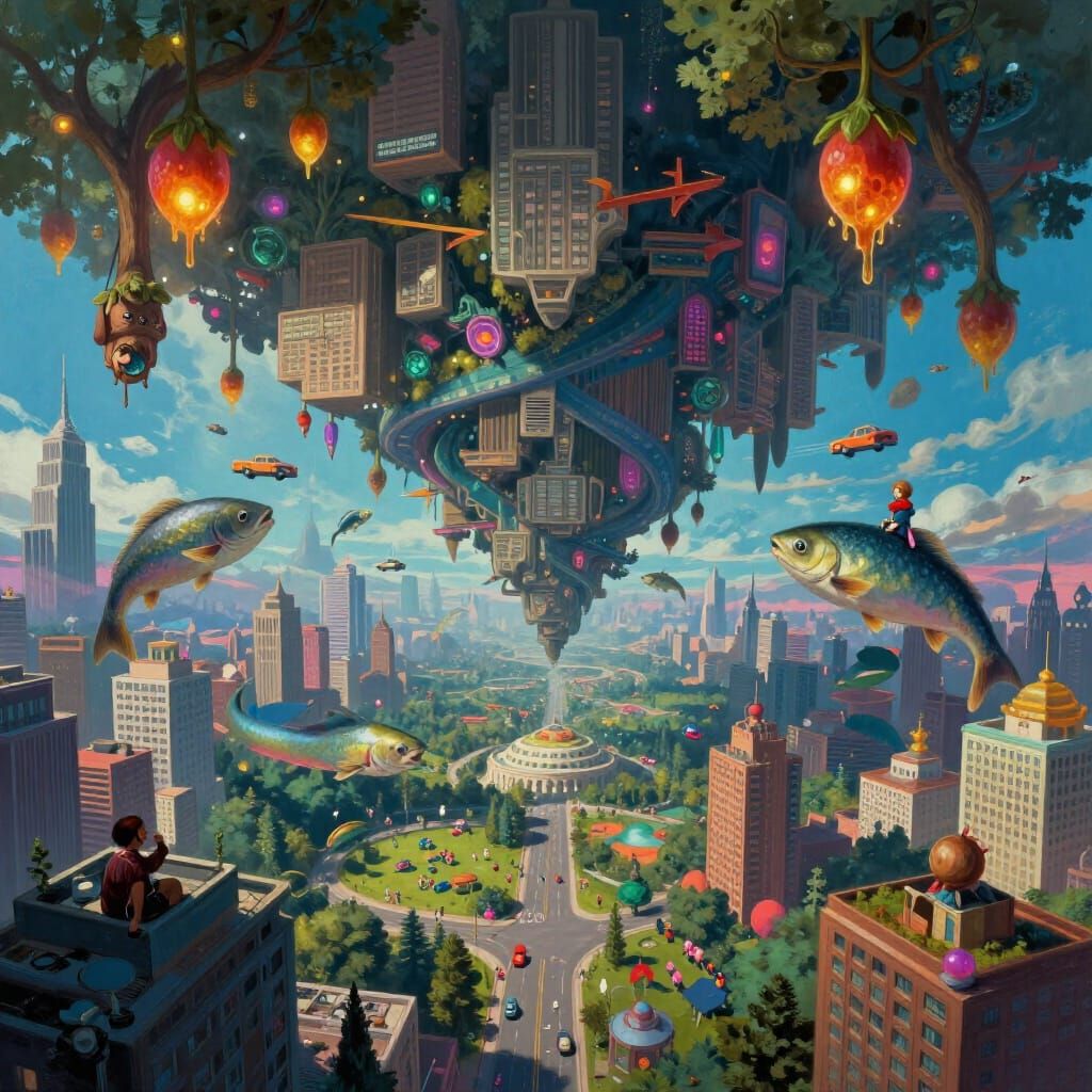 Inverted City in Sky with Swirling Streets and Giant Fish