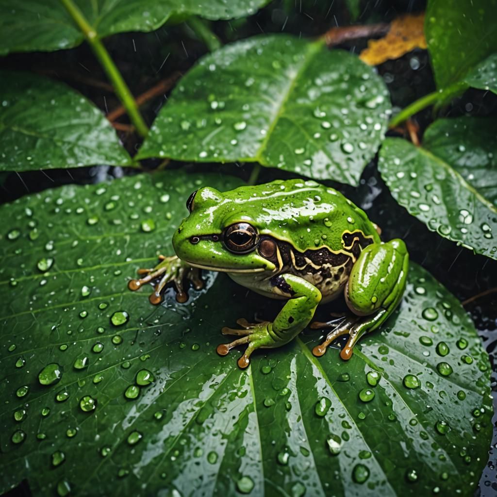 Small green frog sitting on a leaf during rain