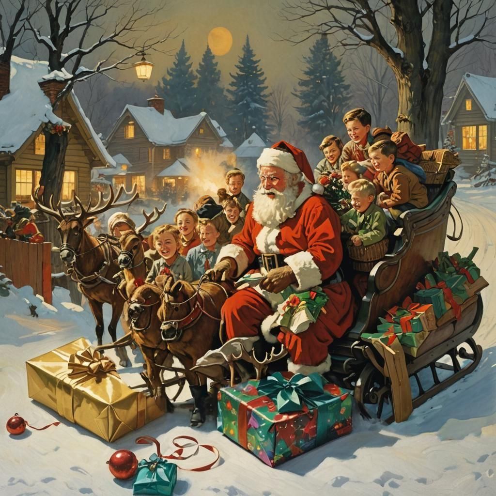 Norman Rockwell illustration of santa claus giving gifts to children by his sleigh, warm lighting, vintage, muted
colors, 1950s setting, a s...