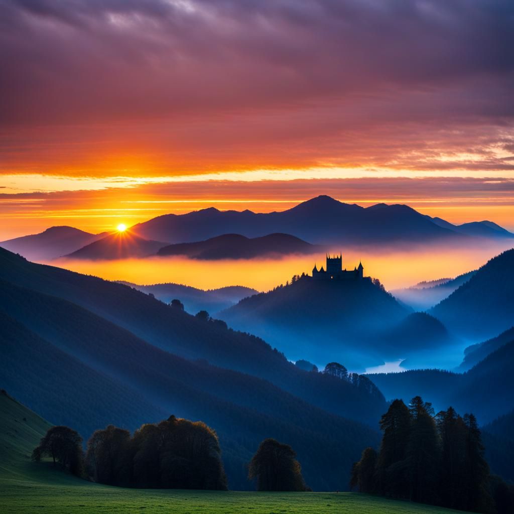 Sunrise over the mountains with a castle by a misty lake