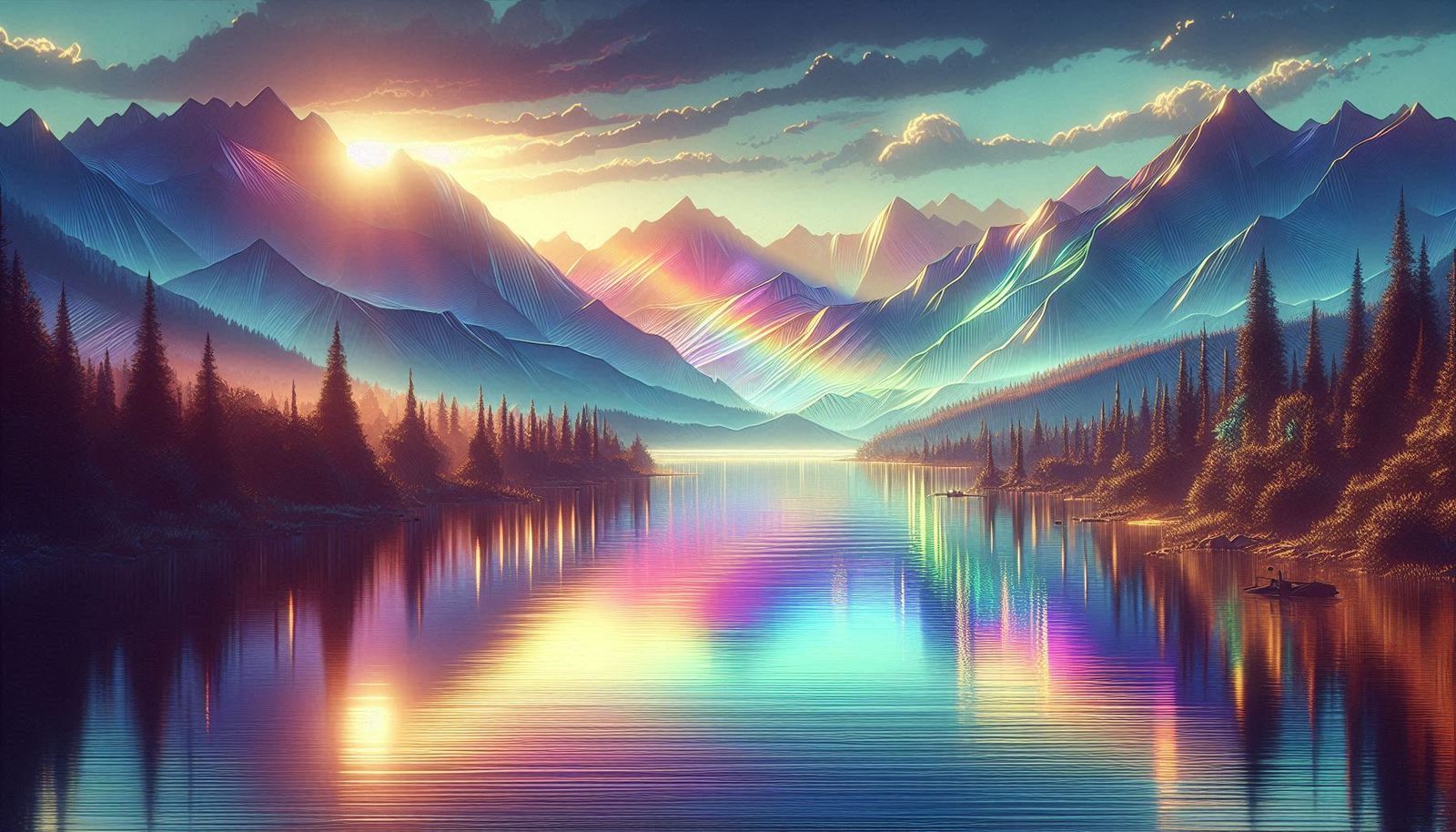 Tranquil mountains & lake during sunrise, capturing the iridescent reflections. 🏞✨️