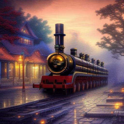 Steampunk Engine with Ethereal Fantasy Landscape