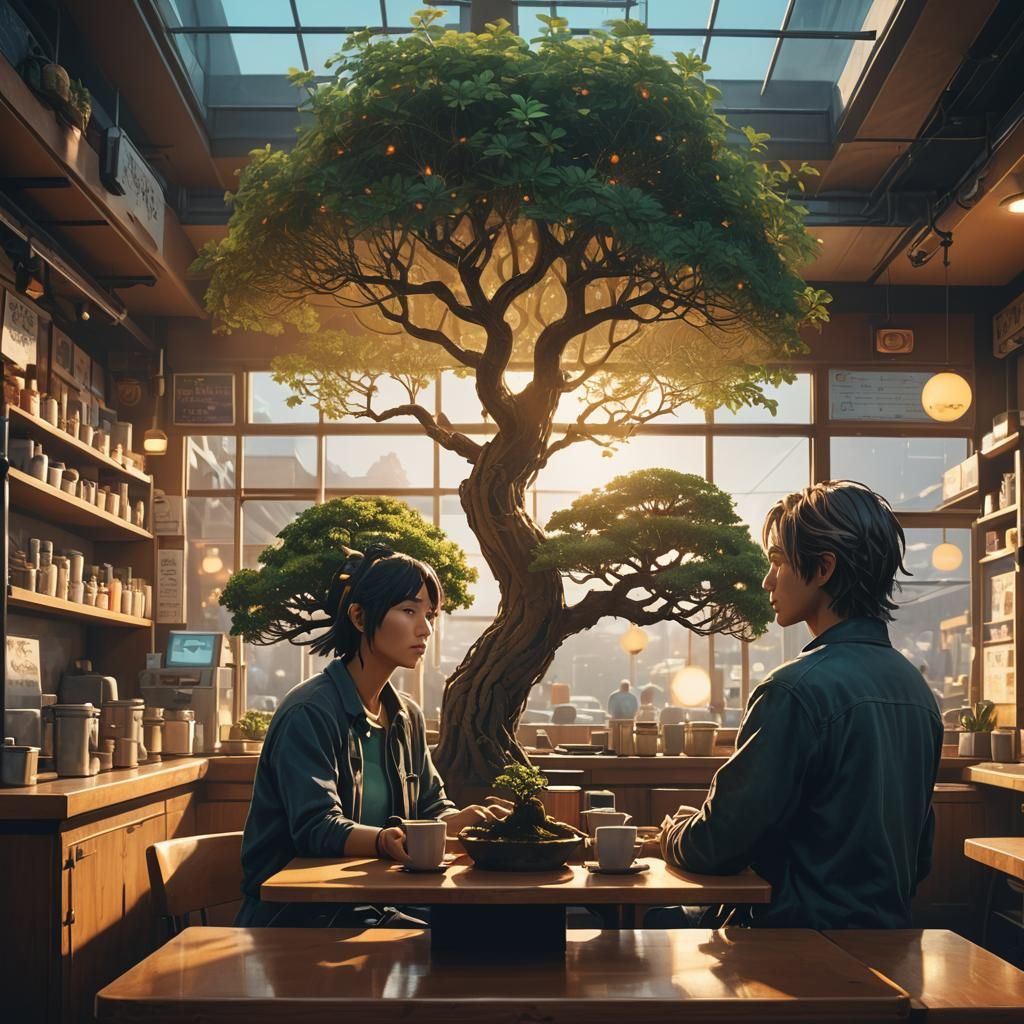 Dreamlike Cafe Scene in Golden Hour