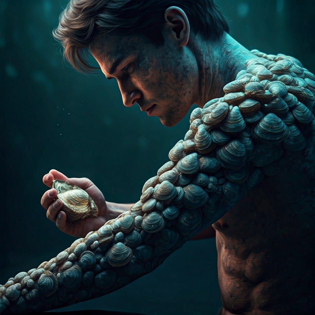 A man who has clams growing in his skin is examining one of ...