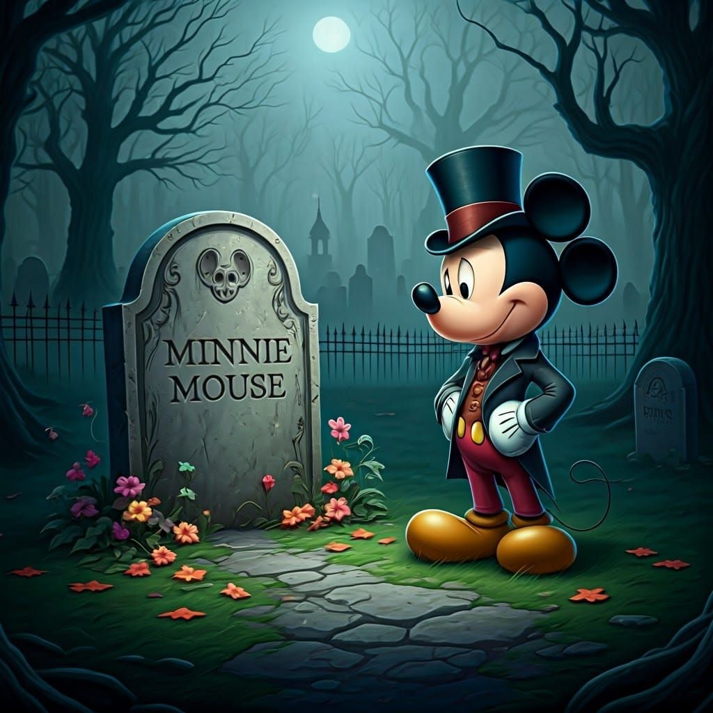 Mickey Mouse Mourns Minnie in Gothic Graveyard