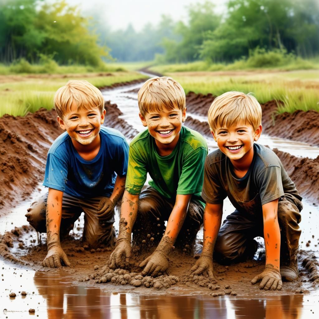 3young boys playing in the mud, smiling and having fun, hype...