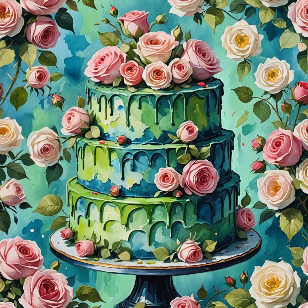 a blue and green cake covered in roses