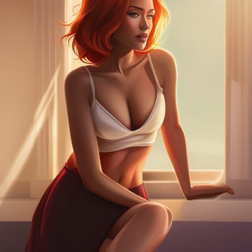 incredibly beautiful Redheaded girl wearing crop top, surpri...