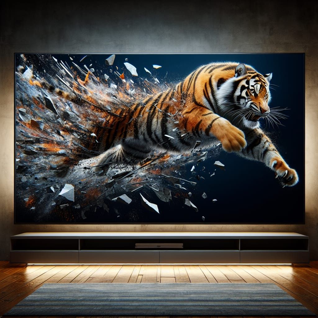A tiger burst out of a screen