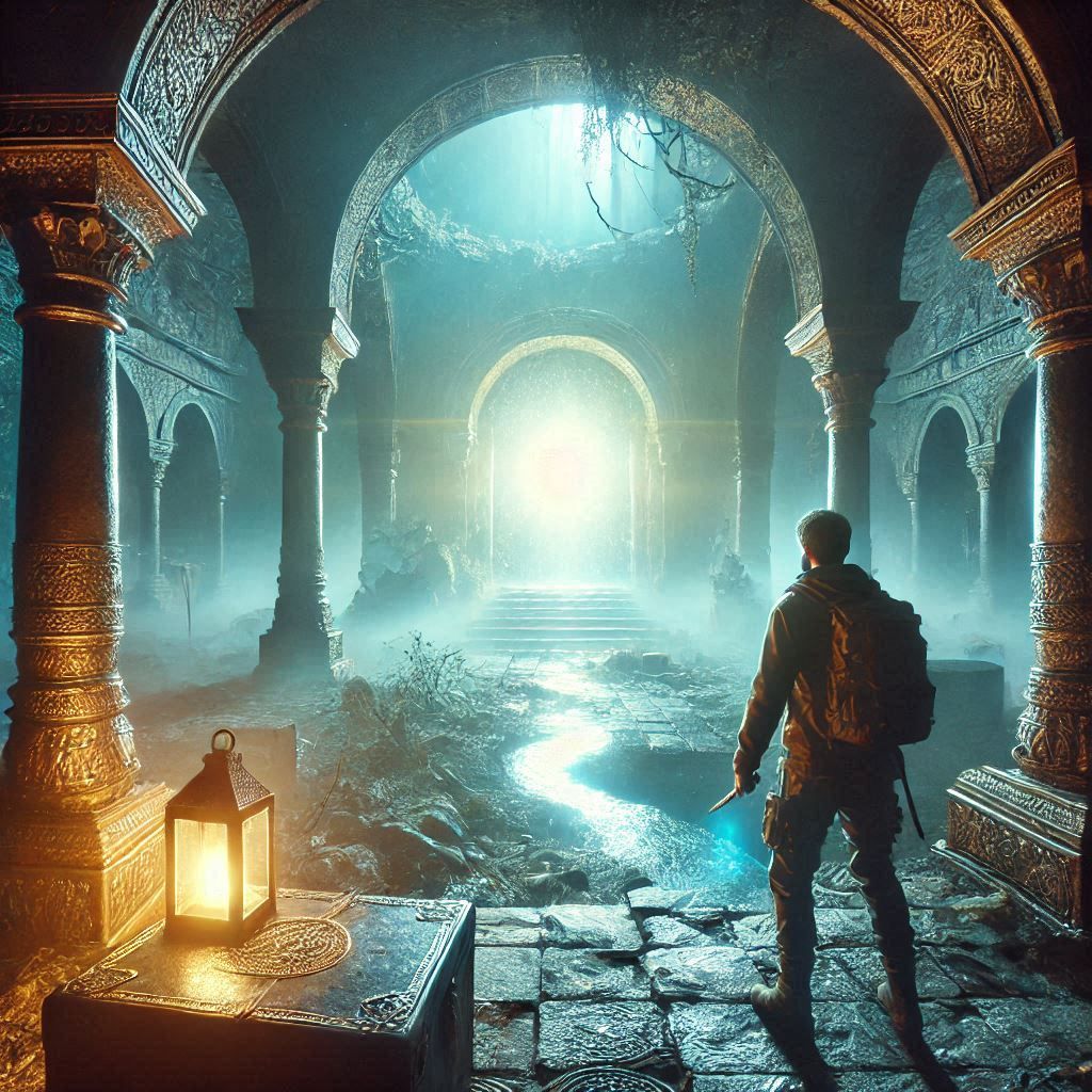A traveler finding a glowing portal in a forgotten temple