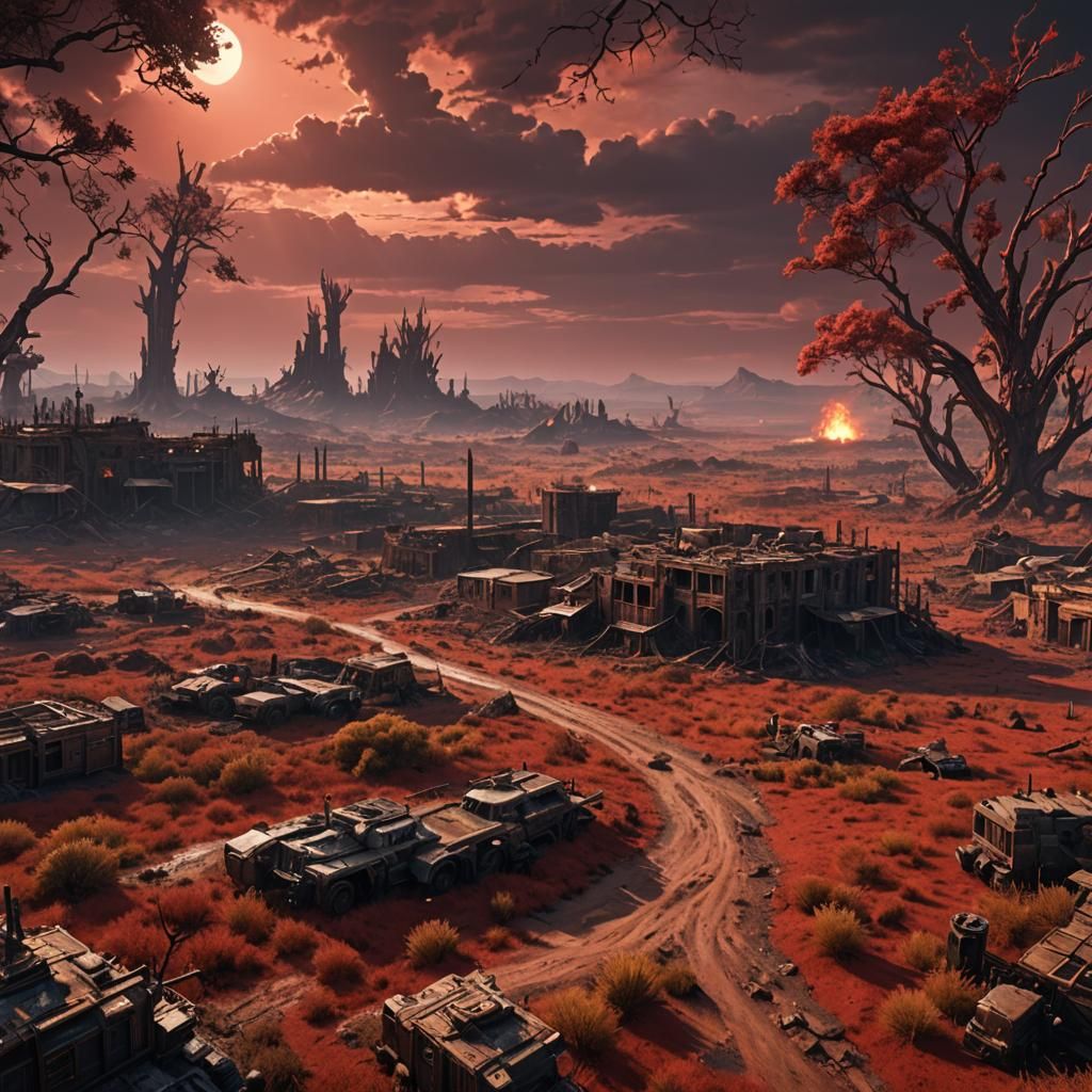 post-apocalyptic world that is mainly savanna and the sky is...