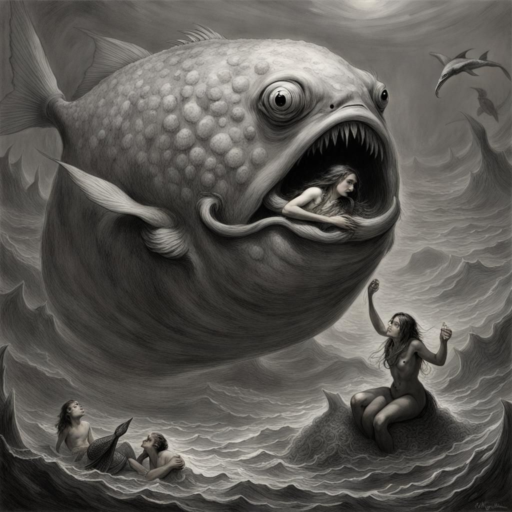 blob fish eating a mermaid horror Gustave Doré Greg Rutkowsk...