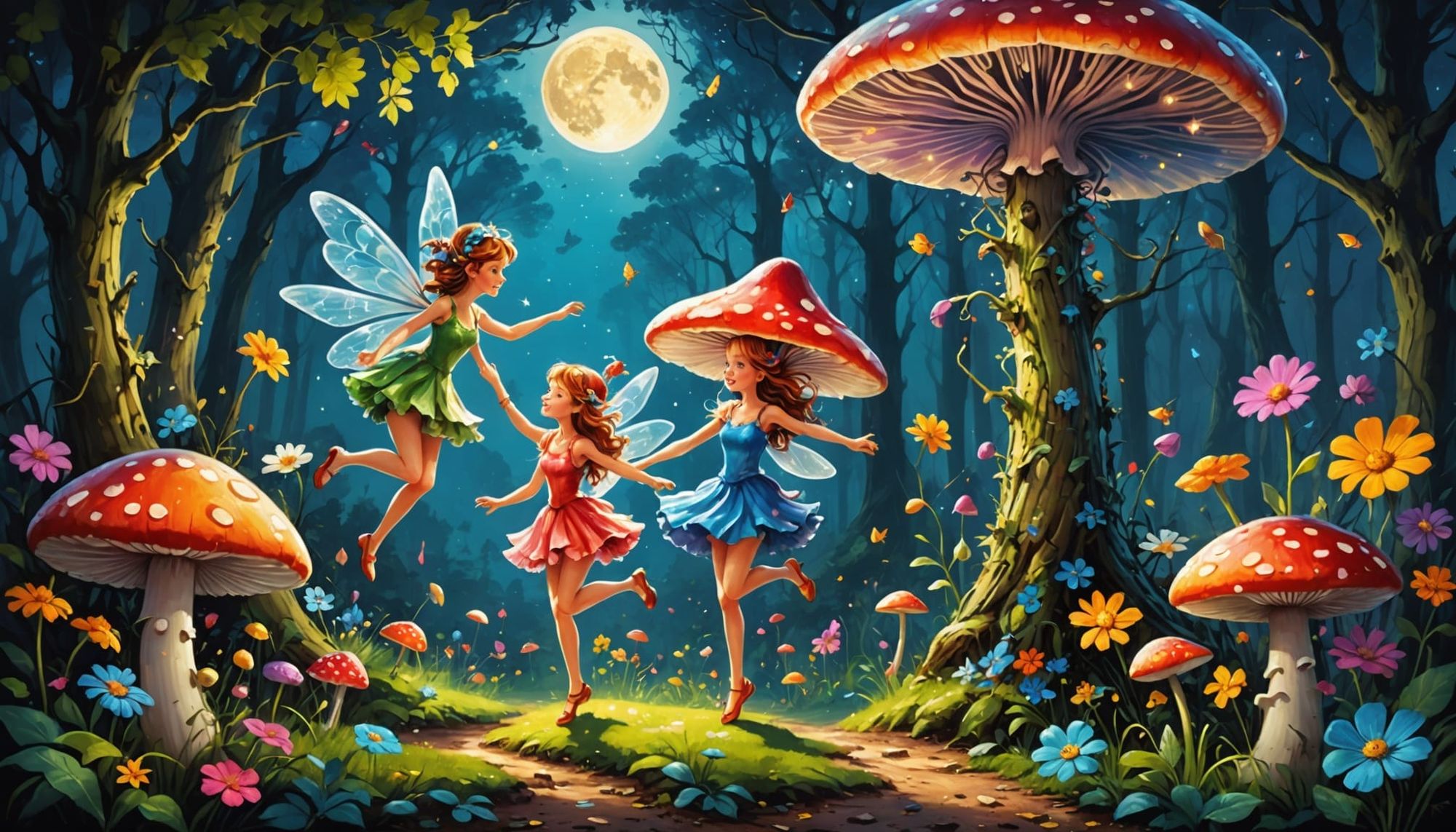 Loads of fairies celebrating the anniversary of living in woodland with a party with food and drinks in woodland and happy 