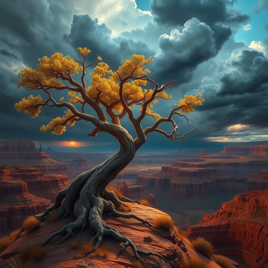 A majestic, ancient tree stands alone atop a windswept mesa.  by @Quinsy